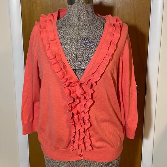 Talbots Womens Large Coral Double Ruffle V-Neck Button Down Cardigan - Picture 1 of 9